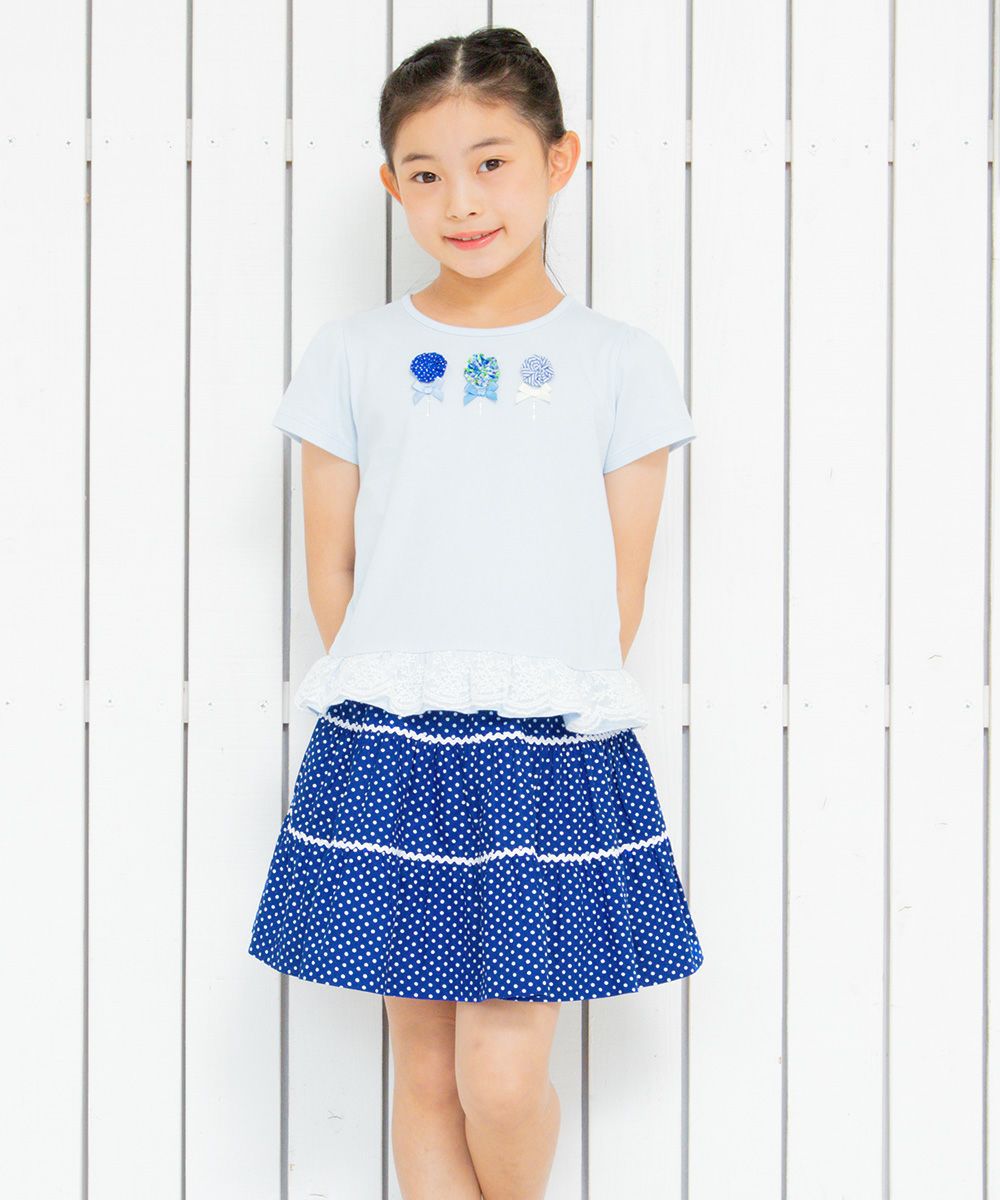 Children's clothing girl 100 % cotton dot pattern lace gathering cart blue (61) model image 3