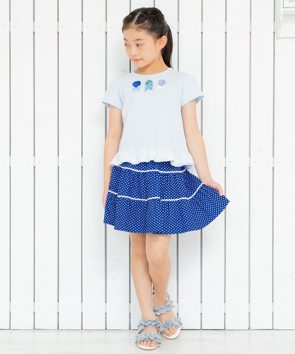 Children's clothing girl 100 % cotton dot pattern lace gathering cart blue (61) model image 4