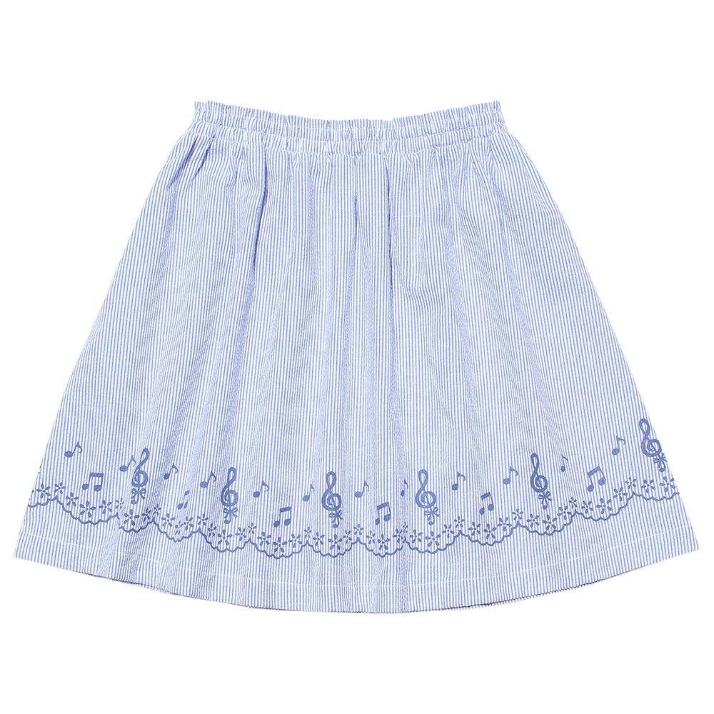 Soccer material stripe pattern note & flower print skirt Blue front