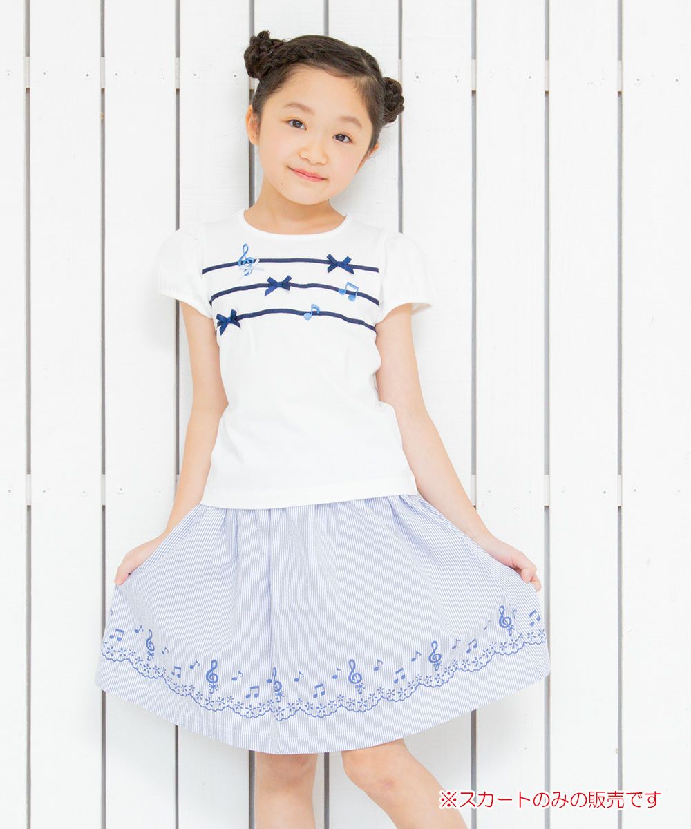 Soccer material stripe pattern note & flower print skirt Blue model image 3