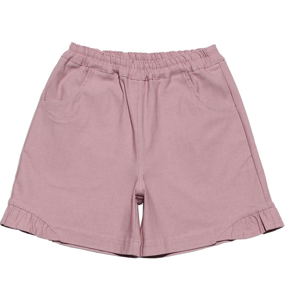 Stretch twill material Hem frilled shorts Pink front