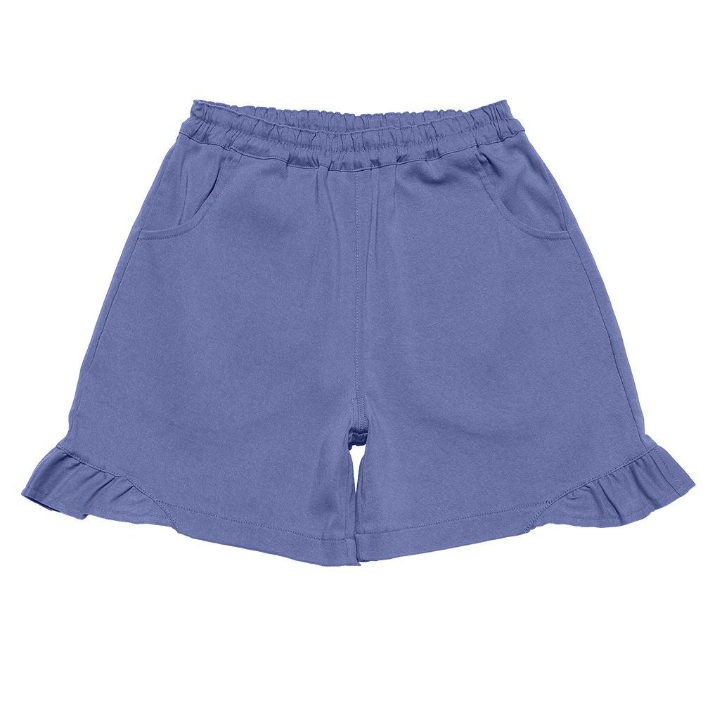 Stretch twill material Hem frilled shorts Blue front