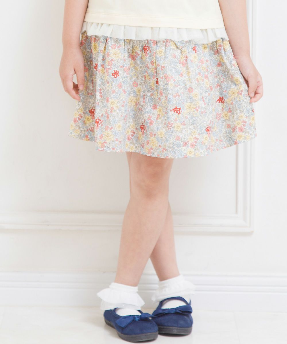 100 % cotton floral gather skirt with ribbon Off White model image up
