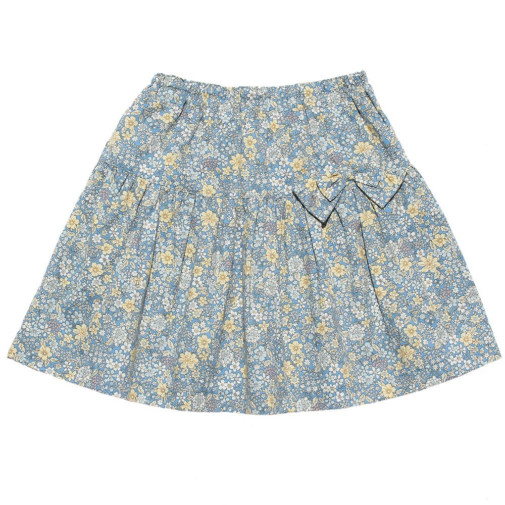 100 % cotton floral gather skirt with ribbon Blue front