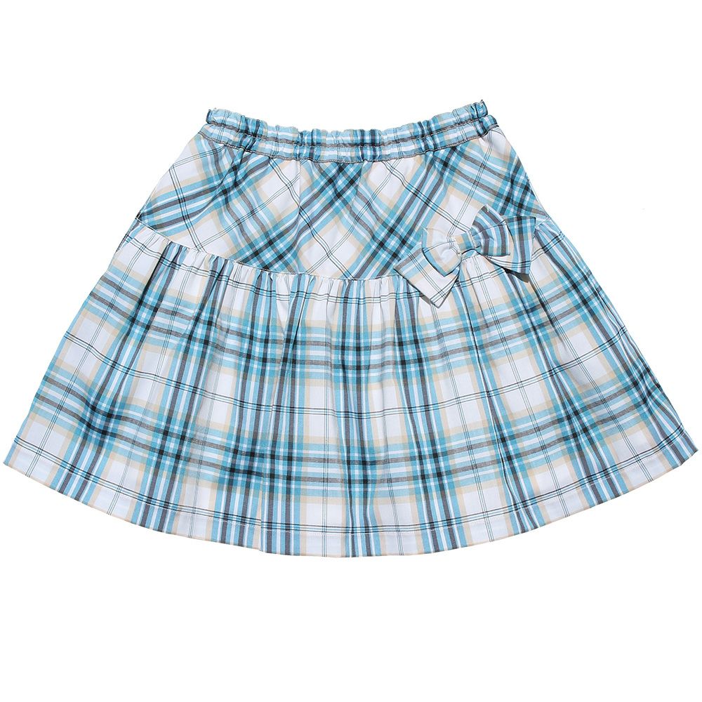 Check pattern ribbon & lining gather skirt Blue front