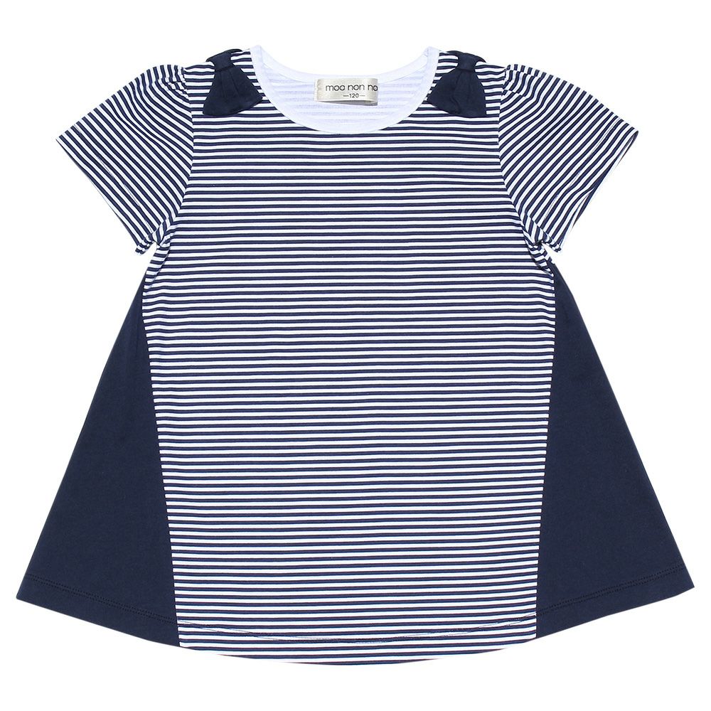 100 % cotton Border pattern T -shirt with ribbon Navy front