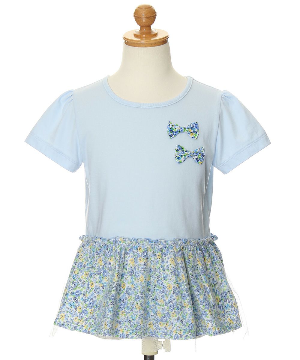 100 % cotton floral switching T -shirt with ribbon Blue torso