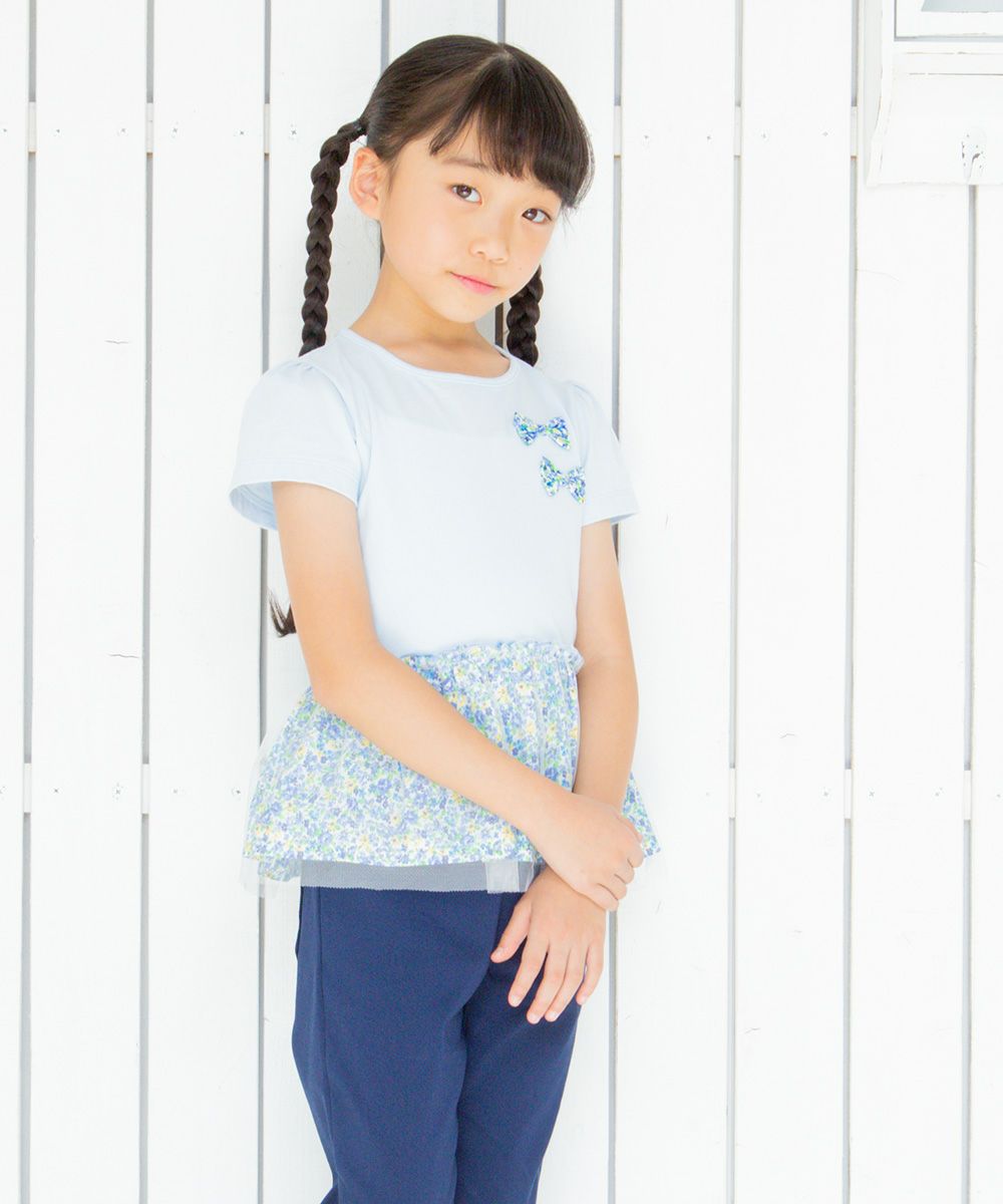 100 % cotton floral switching T -shirt with ribbon Blue model image 4