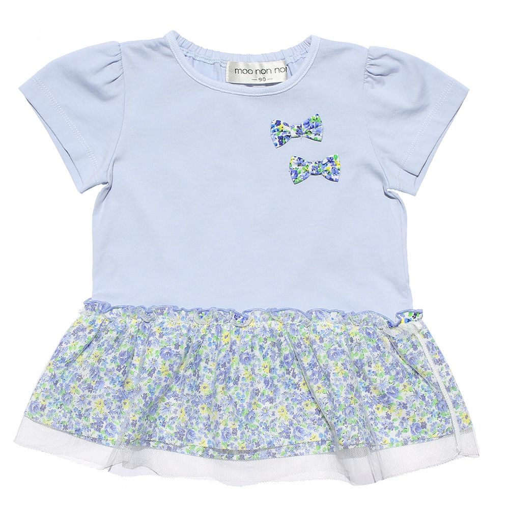 Baby size 100 % cotton floral switching T -shirt with ribbon Blue front