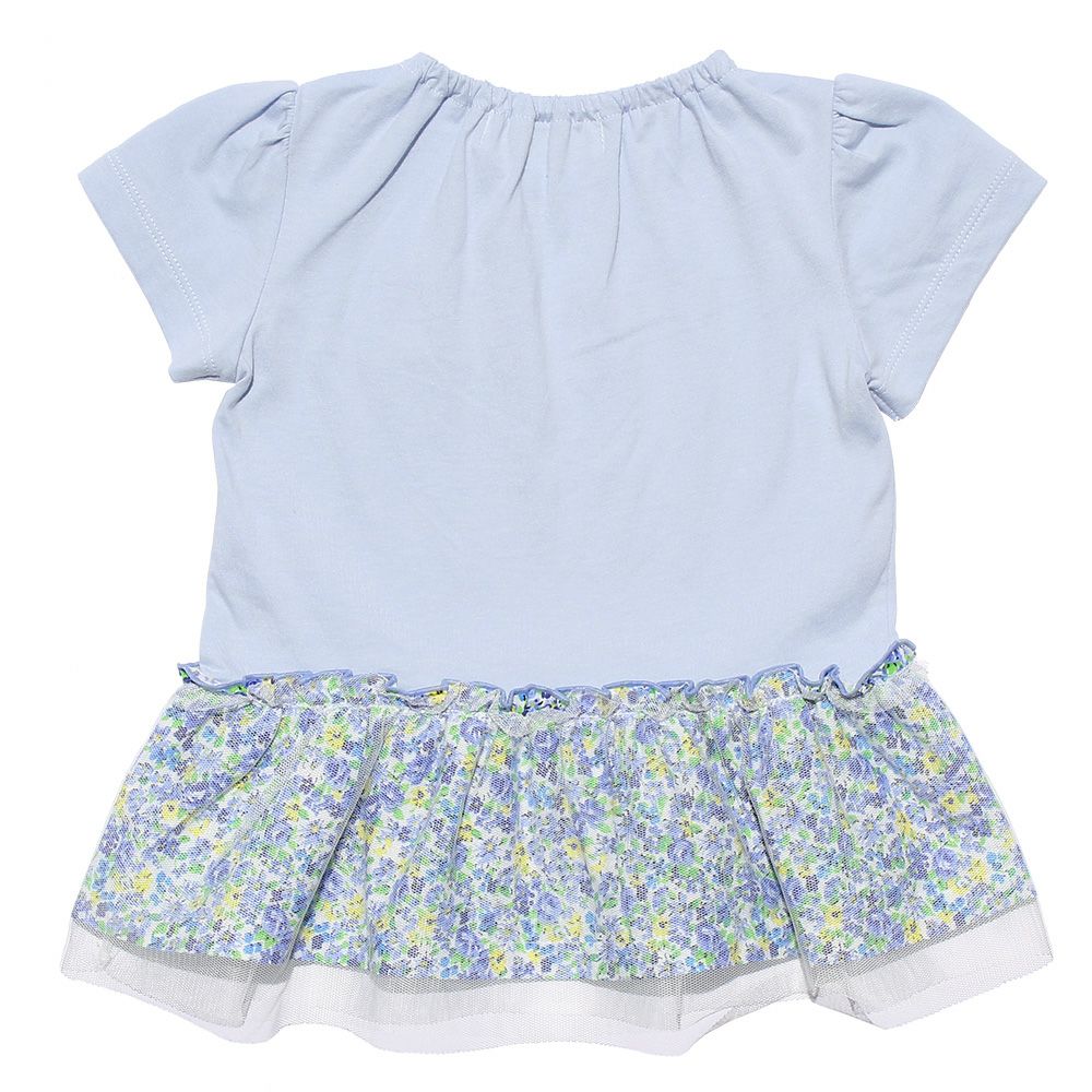 Baby size 100 % cotton floral switching T -shirt with ribbon Blue back