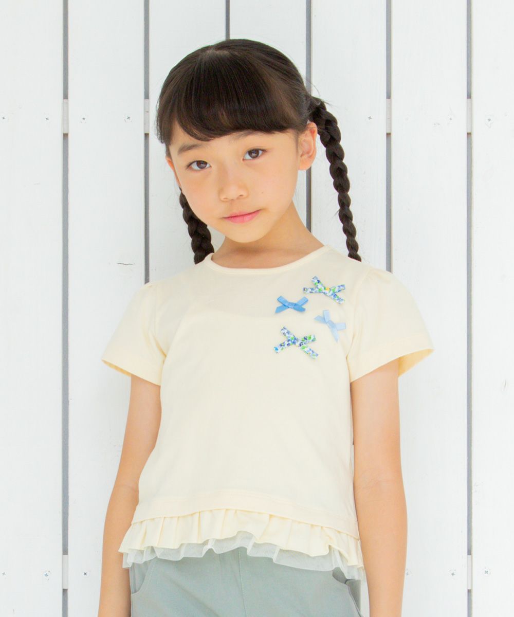 Children's clothing girl 100 % Colorful Ribbon Tulle Frill T -shirt Yellow (04) Model image up