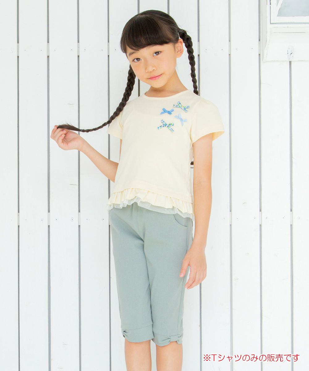 Children's clothing girl 100 % colorful ribbon tulle frill T -shirt yellow (04) model image 2