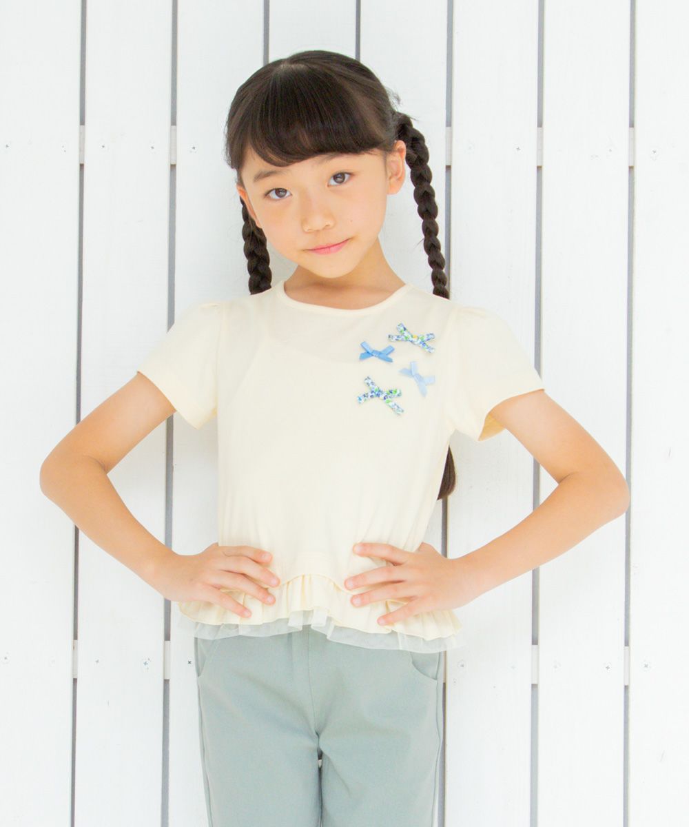 Children's clothing girl 100 % Colorful Ribbon Tulle Frill T -shirt Yellow (04) Model Image 3