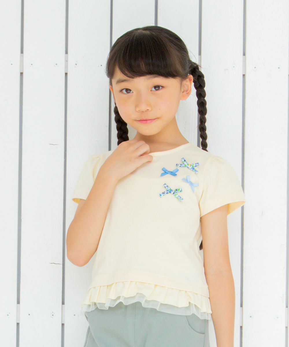 Children's clothing girl 100 % Colorful Ribbon Tulle Frill T -shirt Yellow (04) Model Image 4