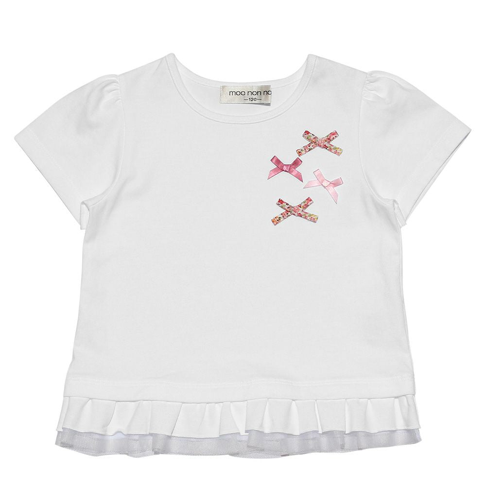 Children's clothing girl 100 % Colorful Ribbon Tulle Frill T -shirt Off White (11) front