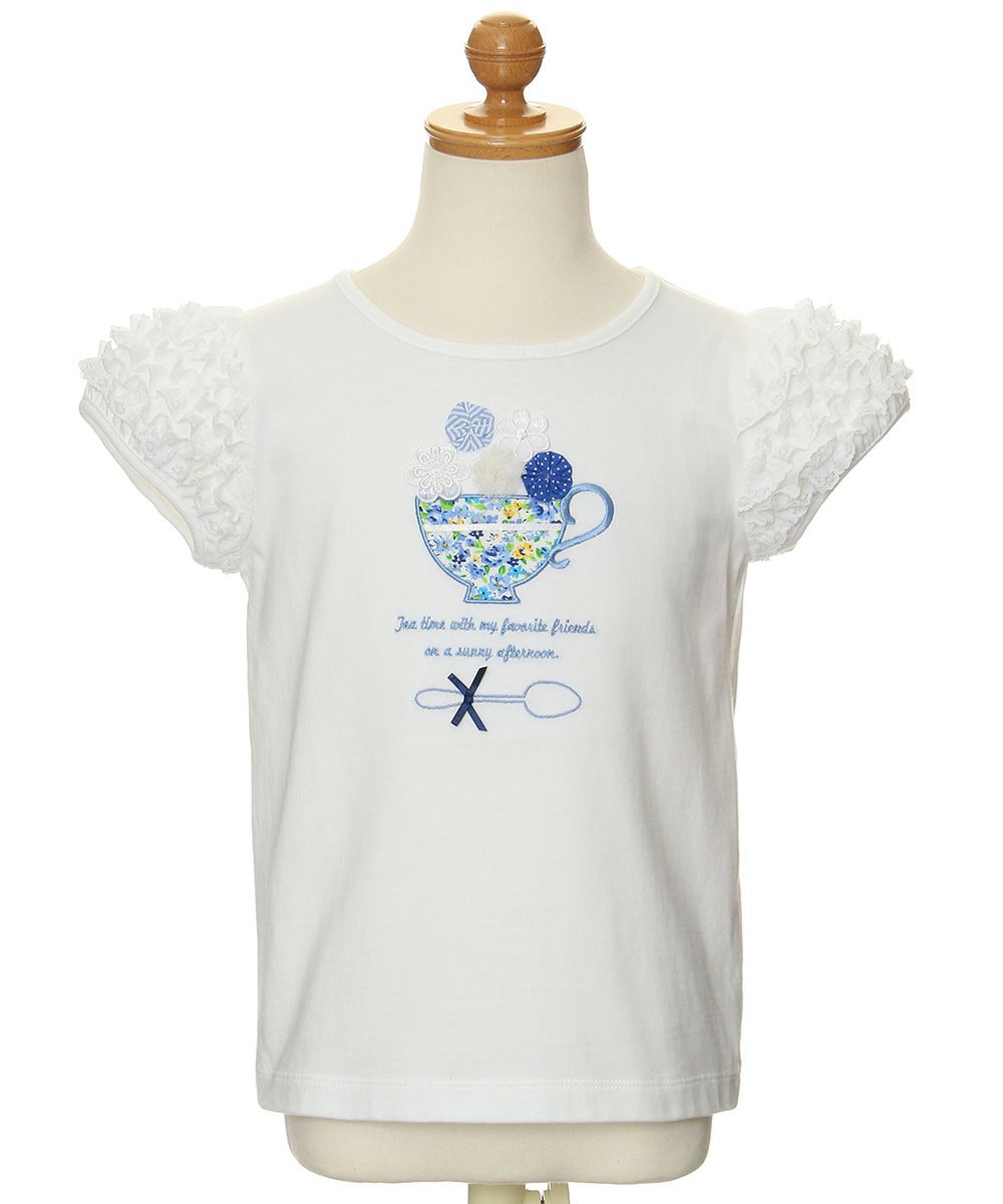 Flower pattern tea cup embroidery T-shirt with frilled sleeves Off White torso