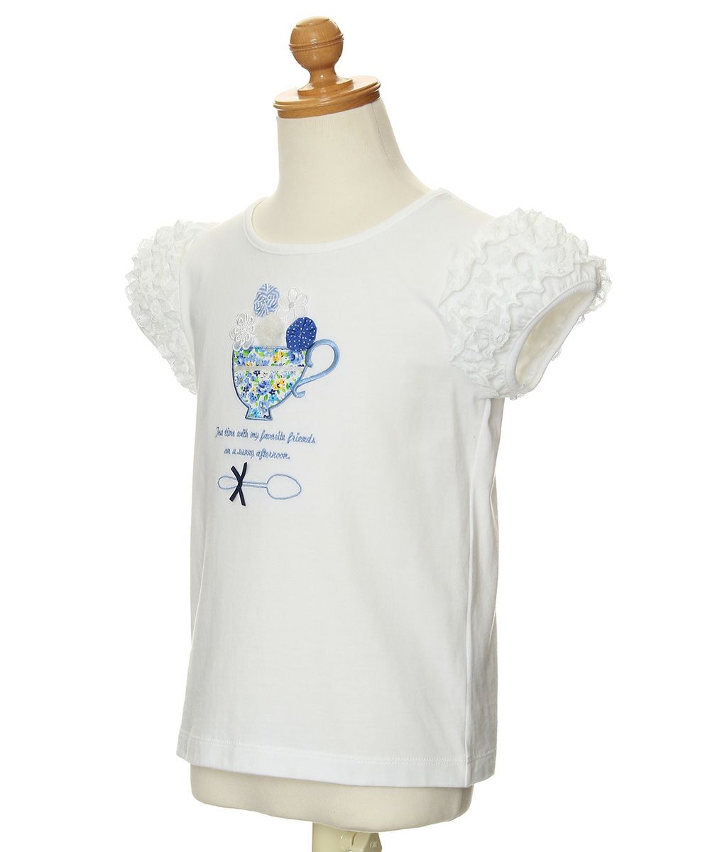 Flower pattern tea cup embroidery T-shirt with frilled sleeves Off White torso