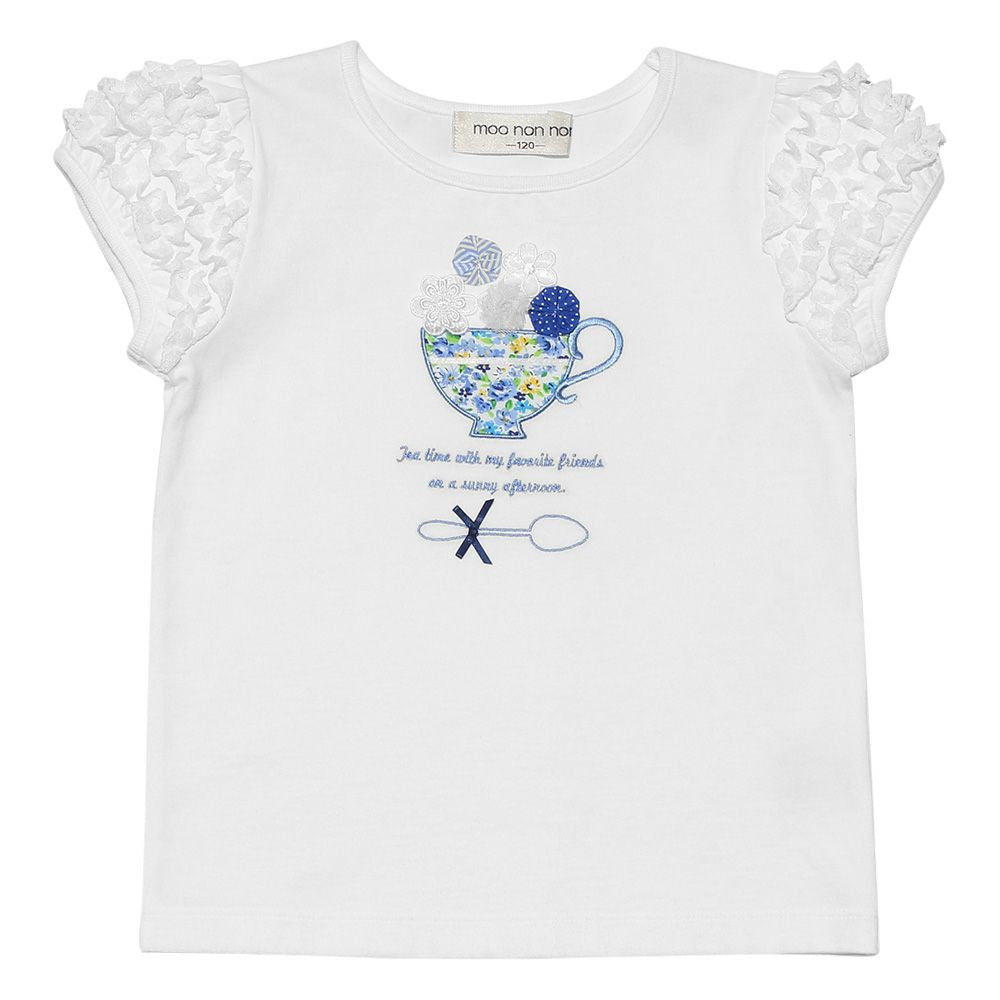 Flower pattern tea cup embroidery T-shirt with frilled sleeves Off White front