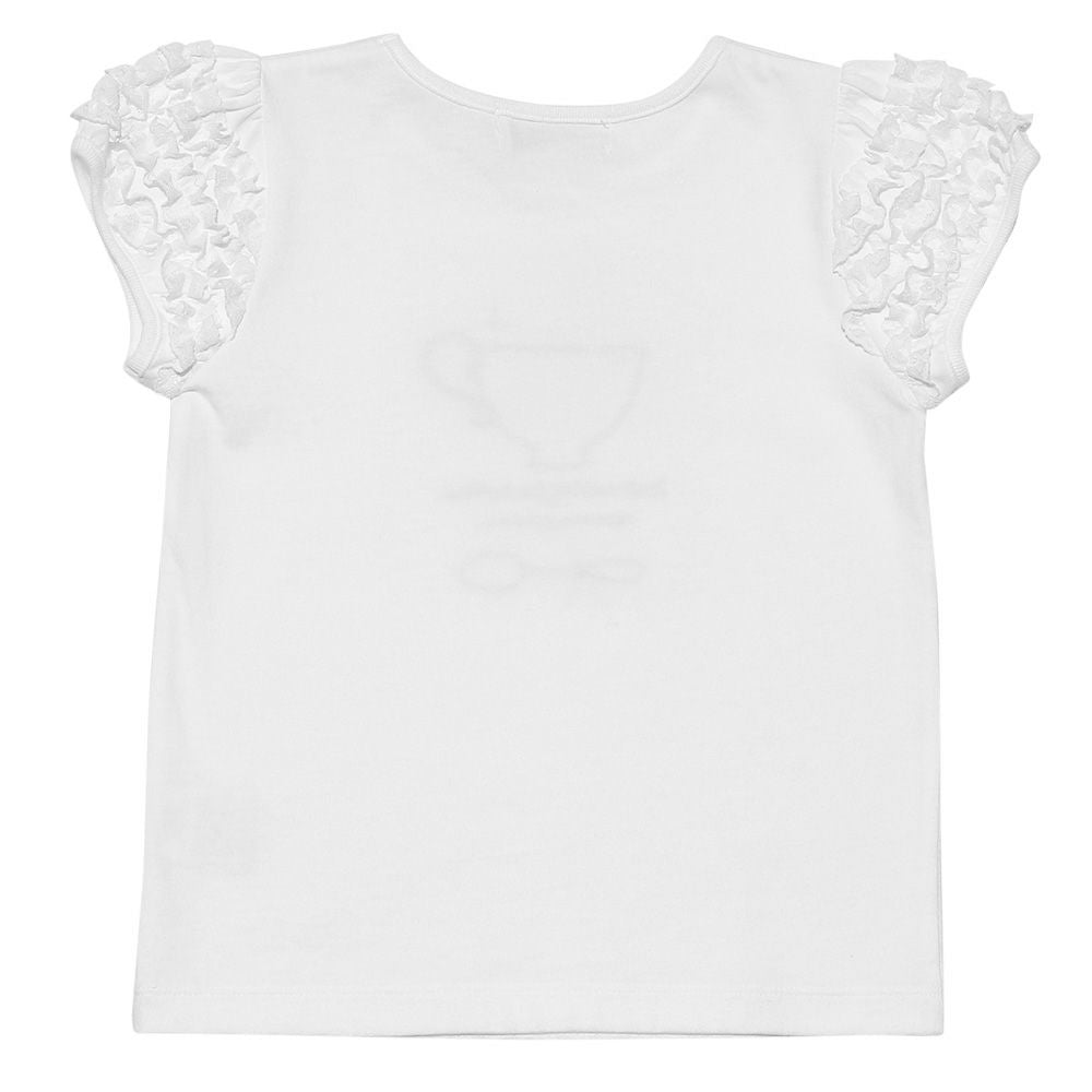 Flower pattern tea cup embroidery T-shirt with frilled sleeves Off White back
