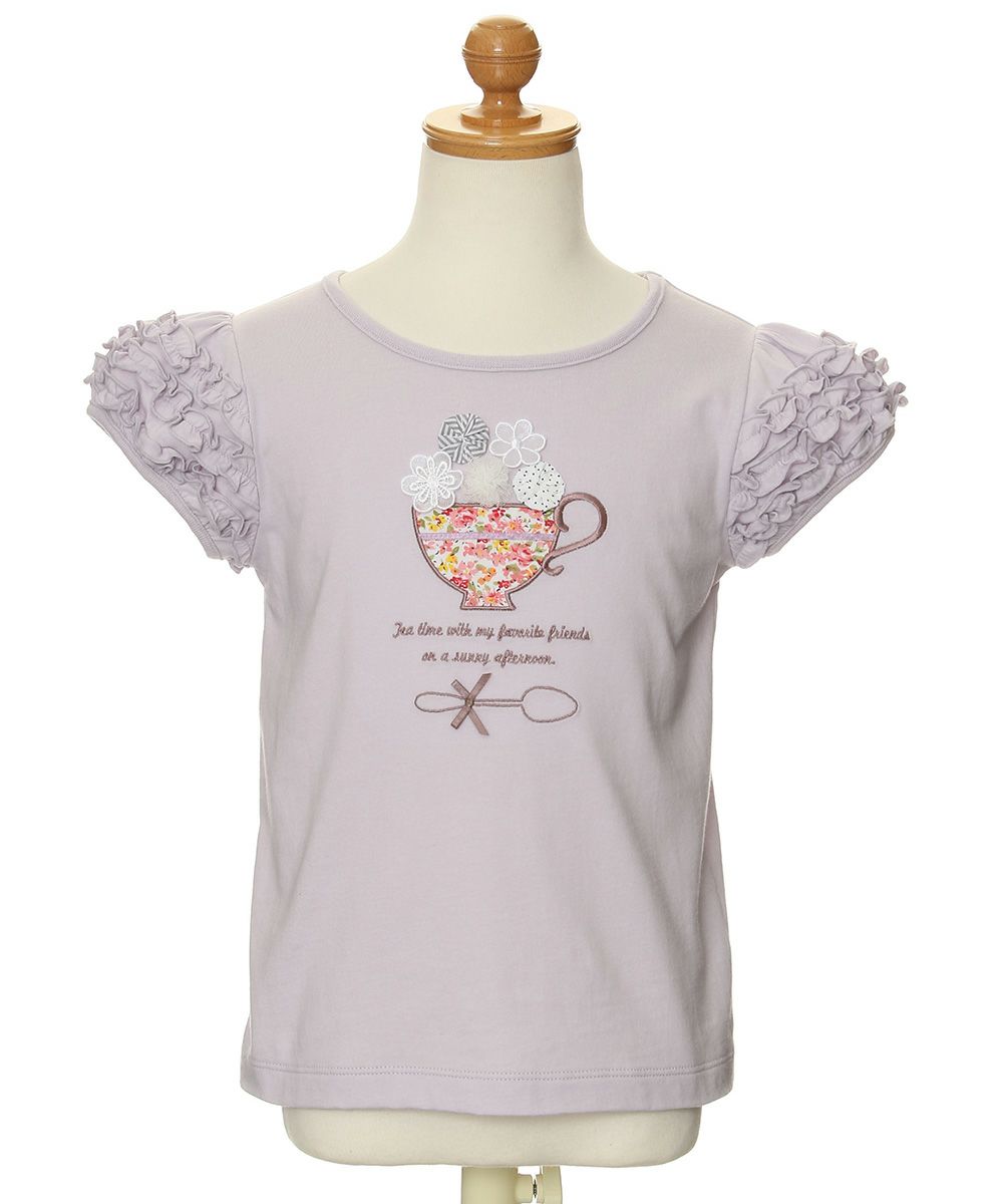Flower pattern tea cup embroidery T-shirt with frilled sleeves Purple torso