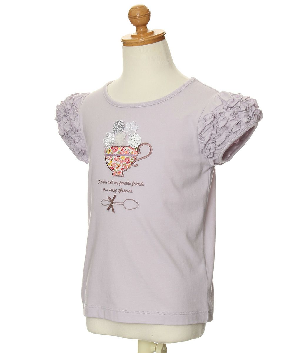 Flower pattern tea cup embroidery T-shirt with frilled sleeves Purple torso