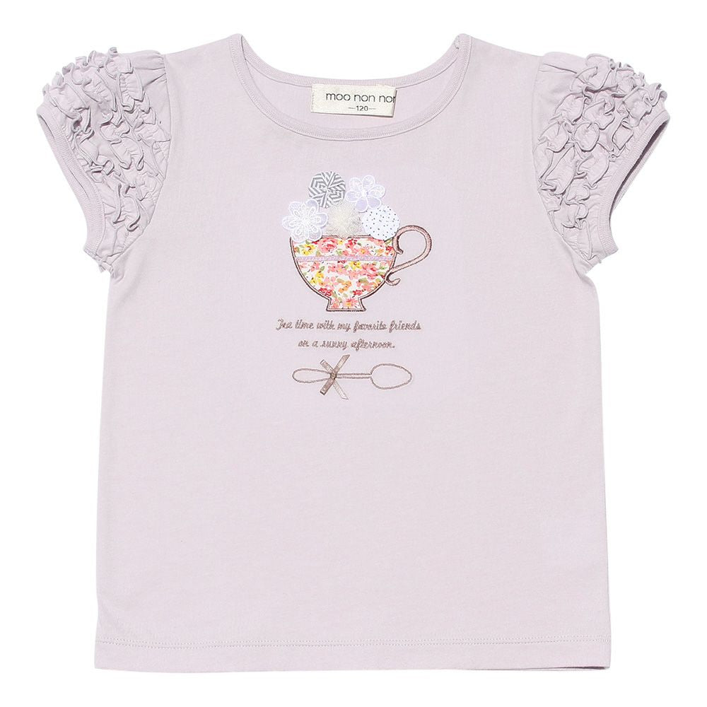 Flower pattern tea cup embroidery T-shirt with frilled sleeves Purple front