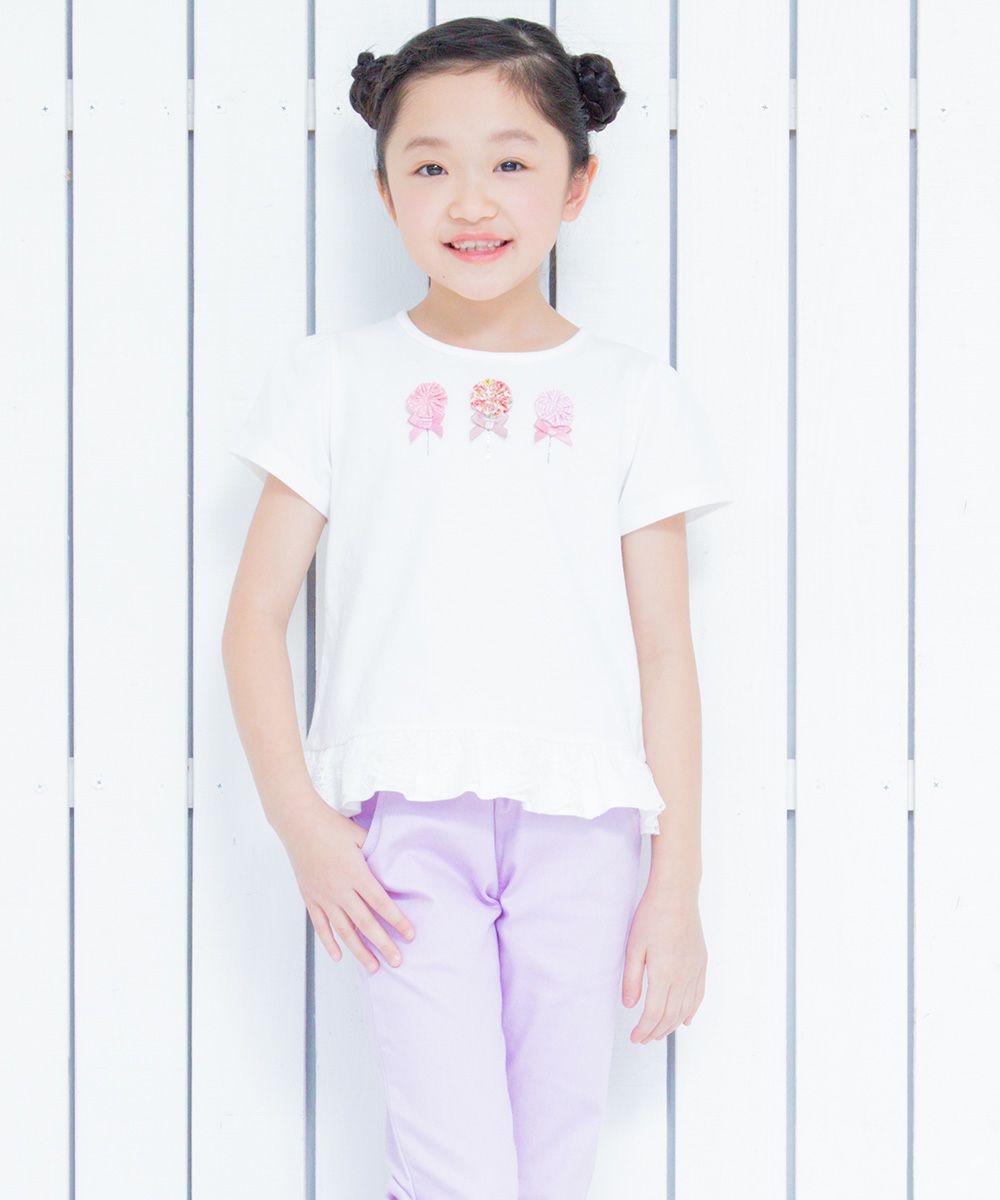 Children's clothing girl with flower motif lace frill T -shirt off -white (11) model image 4