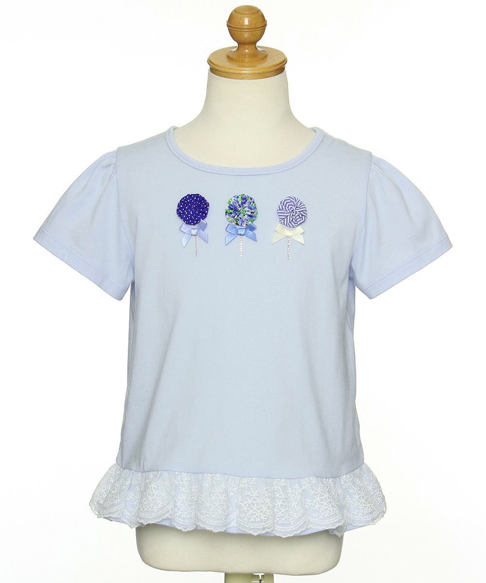 Children's clothing girl with flower motif lace frill T -shirt blue (61) torso