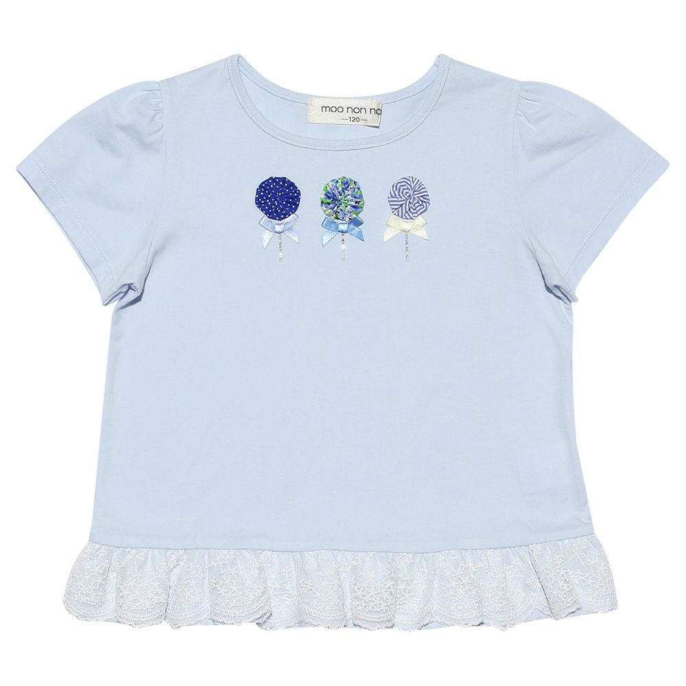 Children's clothing girl with flower motif lace frill T -shirt blue (61) front