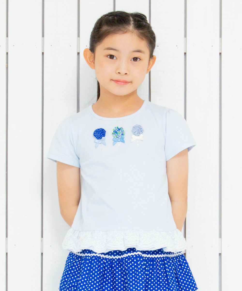 Children's clothing girl with flower motif lace frill T -shirt blue (61) model image 1