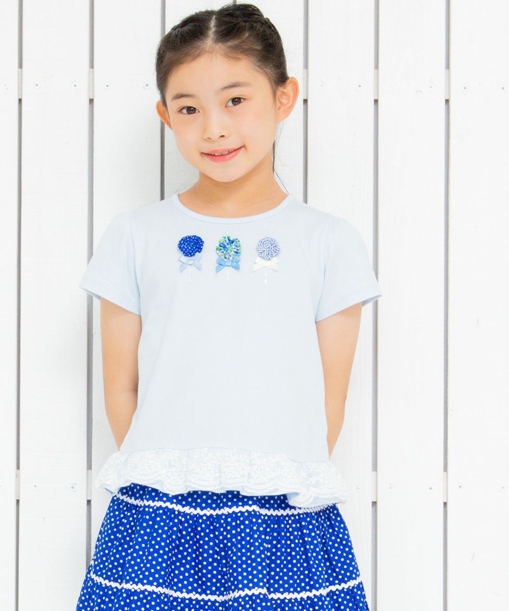 Children's clothing girl with flower motif lace frill T -shirt blue (61) model image 3