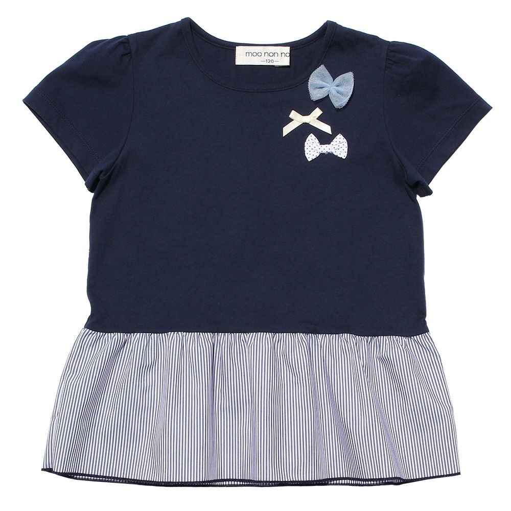 Striped pattern switching T -shirt with ribbons Navy front
