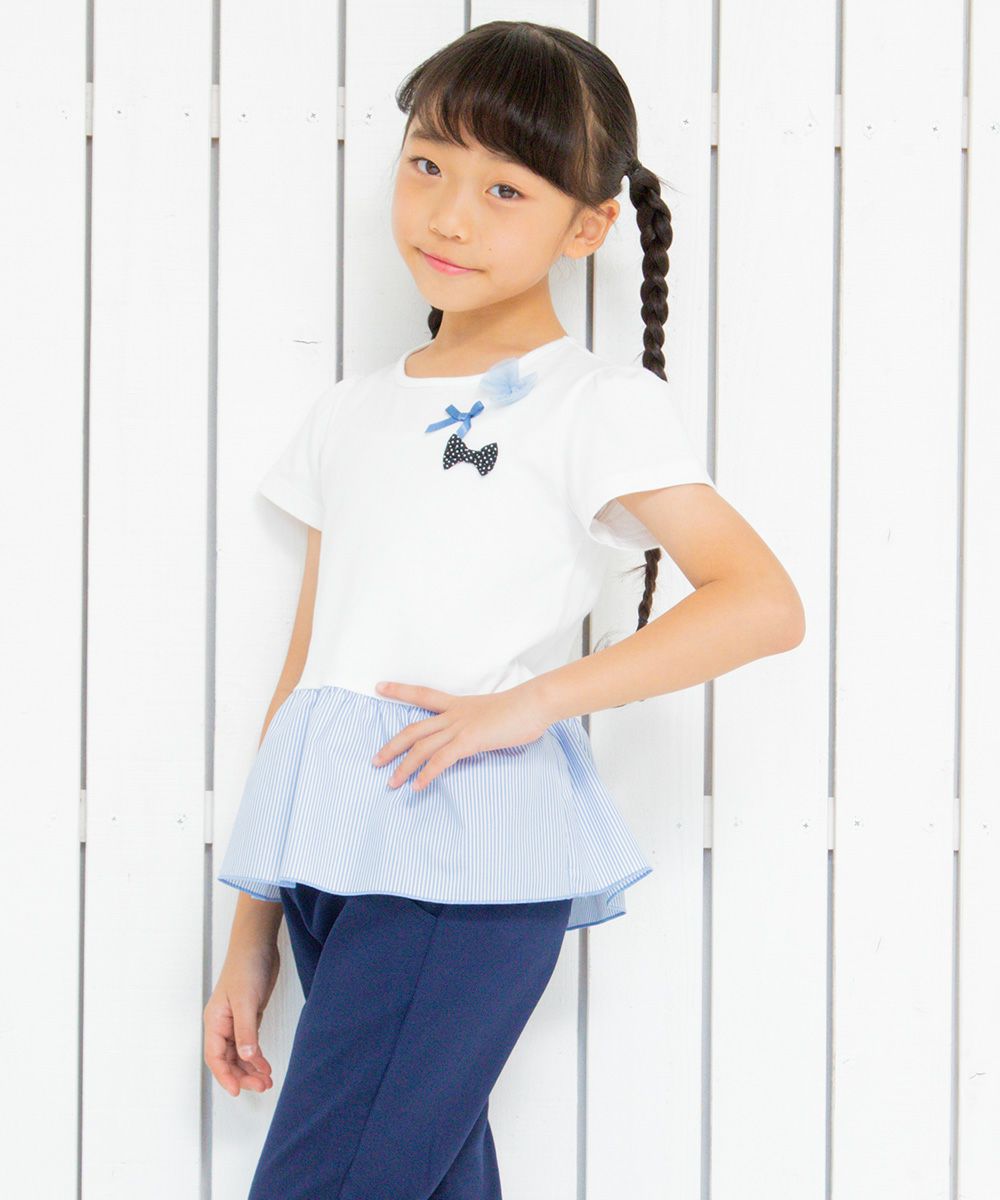Striped pattern switching T -shirt with ribbons Off White model image 3
