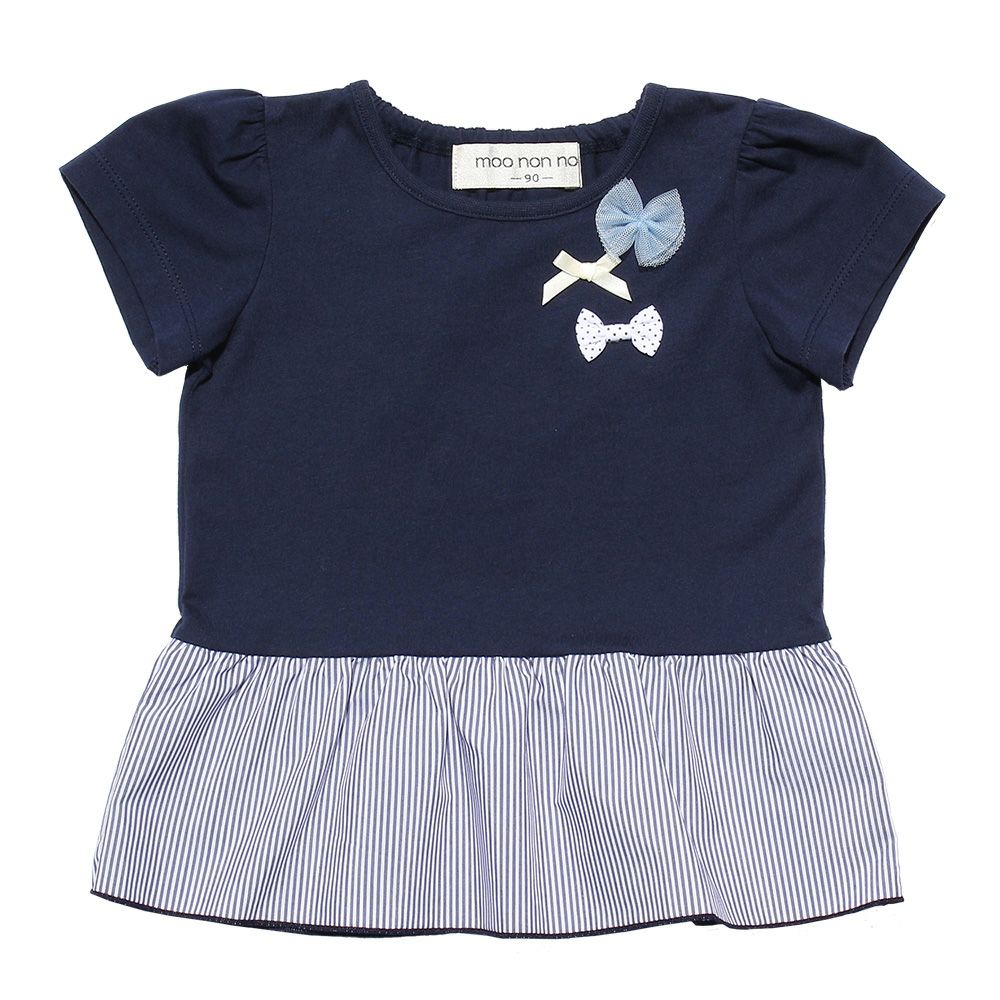 Baby size striped pattern switching T -shirt with ribbons Navy front