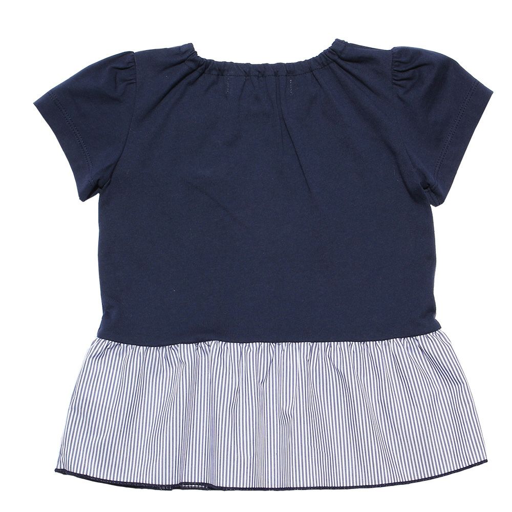 Baby size striped pattern switching T -shirt with ribbons Navy back