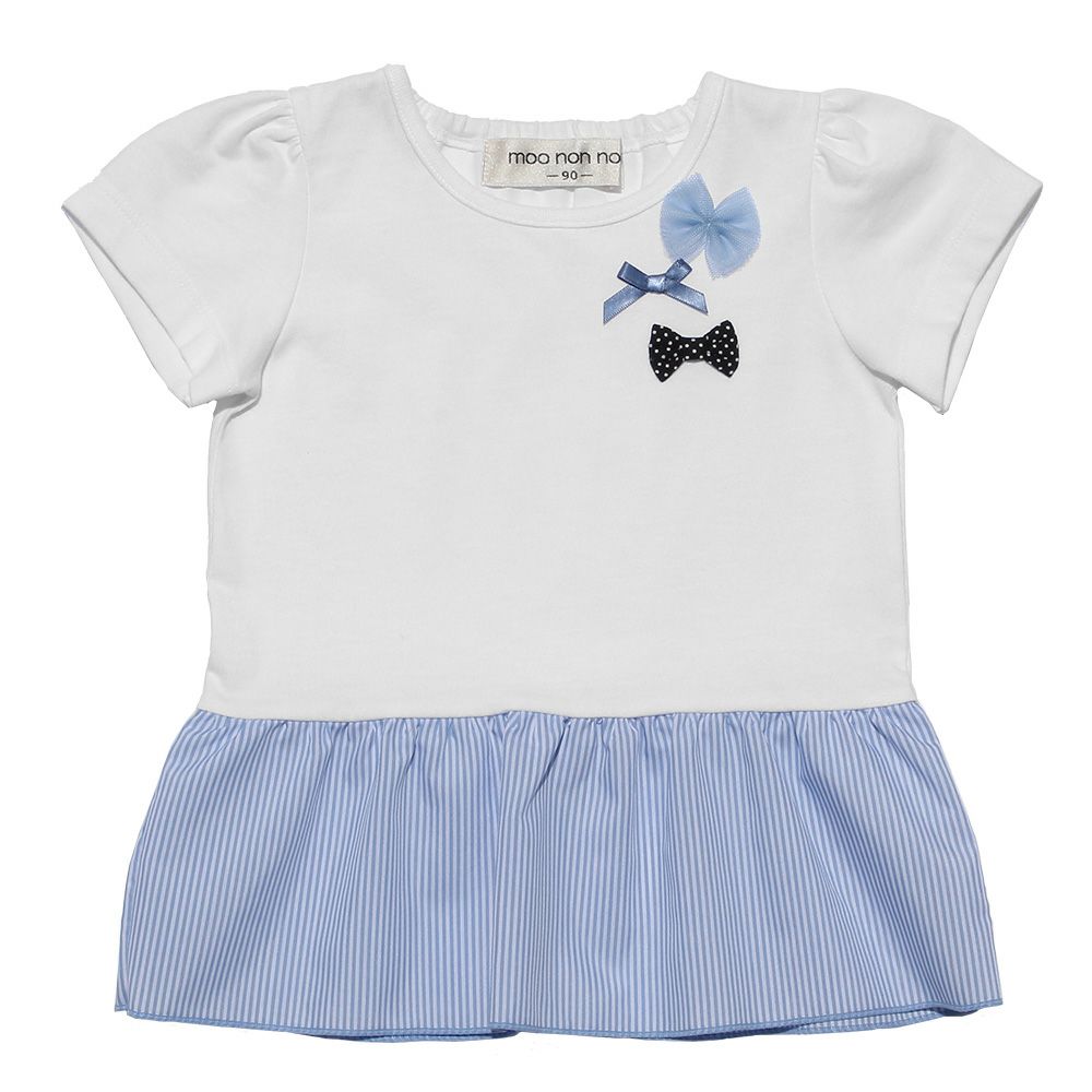 Baby size striped pattern switching T -shirt with ribbons Off White front