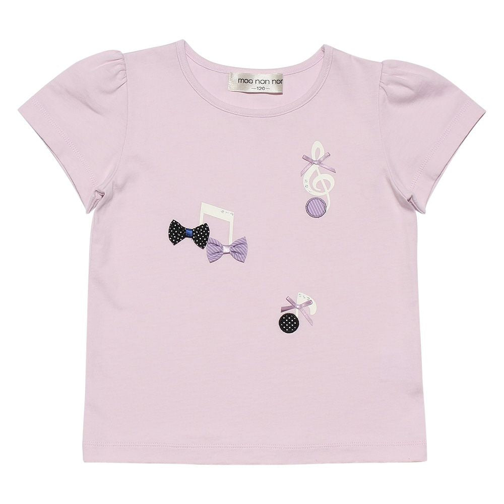 100 %cotton T-shirt with musical note prints and ribbons Pink front