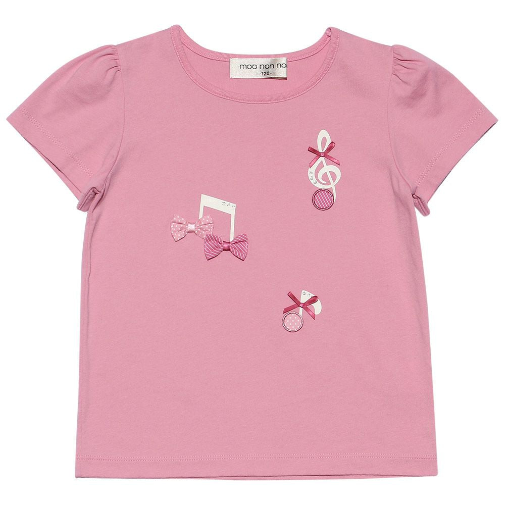100 %cotton T-shirt with musical note prints and ribbons Shocking Pink front