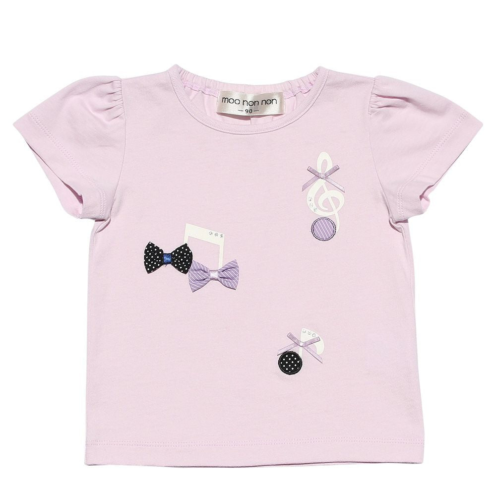 Baby size 100 %cotton T-shirt with musical note prints and ribbons Pink front