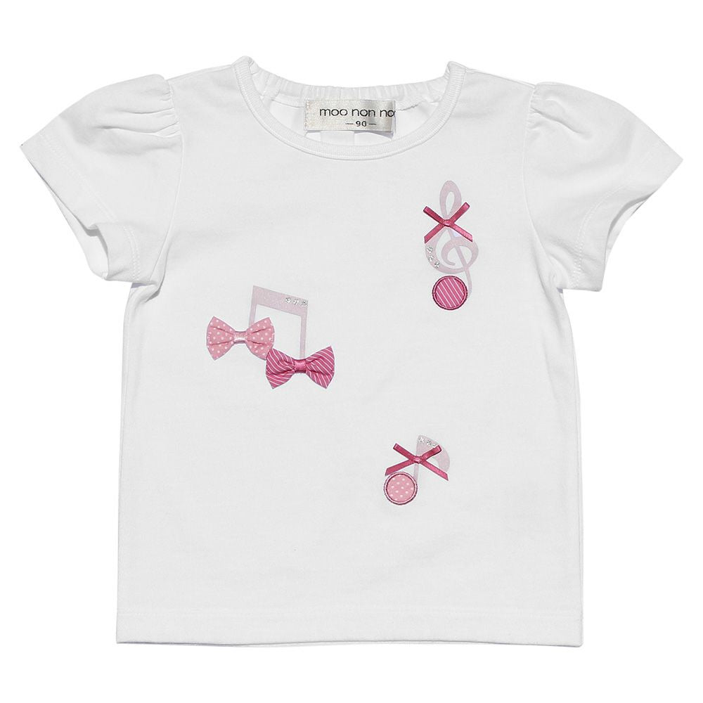 Baby size 100 %cotton T-shirt with musical note prints and ribbons Off White front