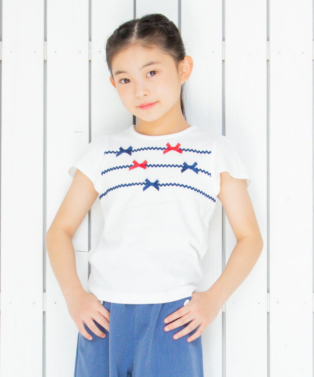 Children's clothing girl 100 % cotton flare sleeve T -shirt off -white (11) model image up
