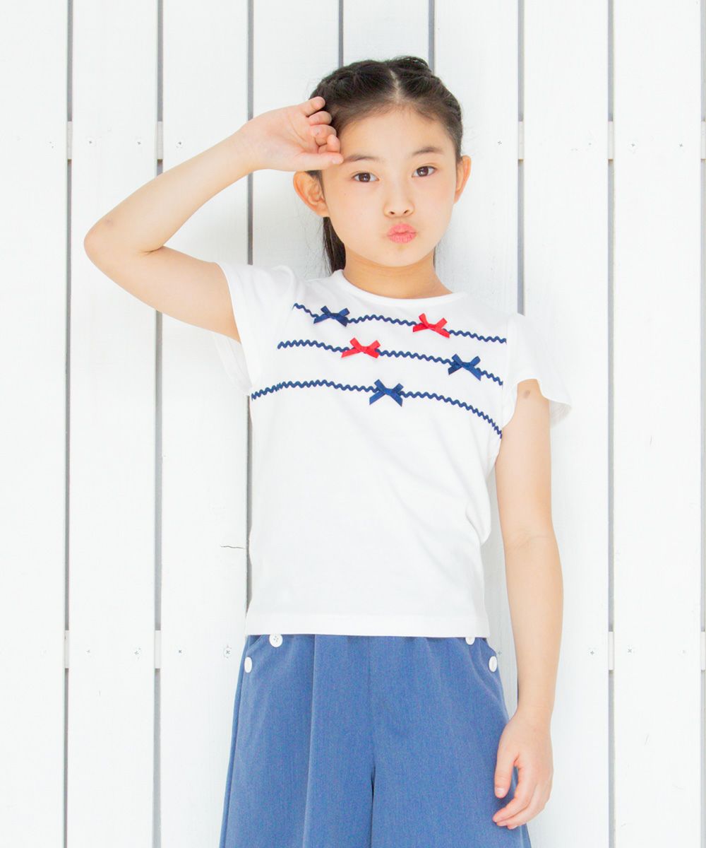 Children's clothing girl 100 % cotton flare sleeve T -shirt off -white (11) model image 1