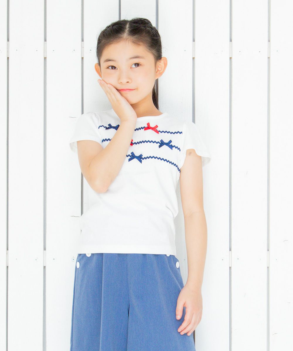 Children's clothing girl 100 % cotton flare sleeve T -shirt off -white (11) model image 3