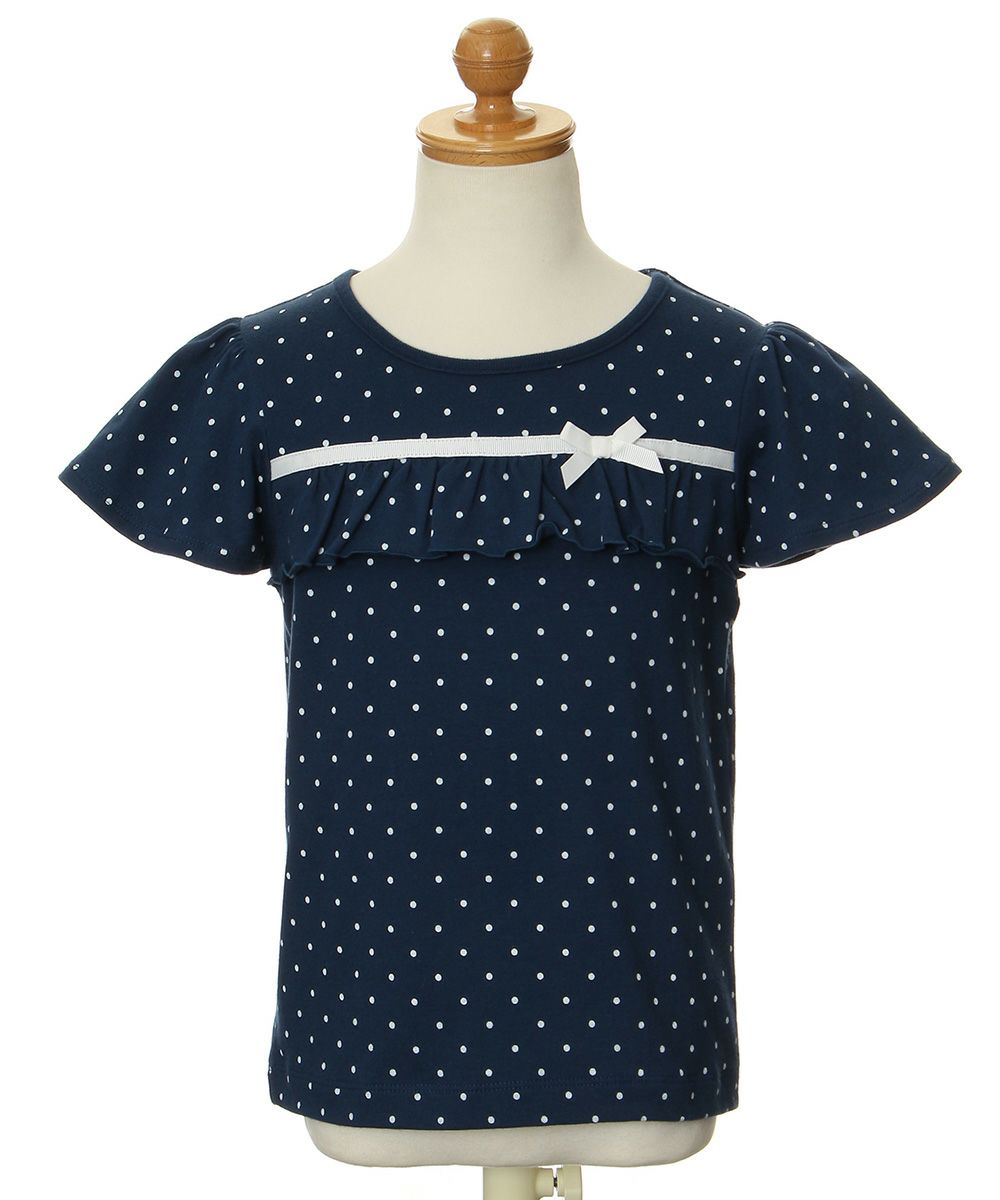 Children's clothing girl 100 % polka dot pattern frill & ribbon T -shirt navy (06) torso