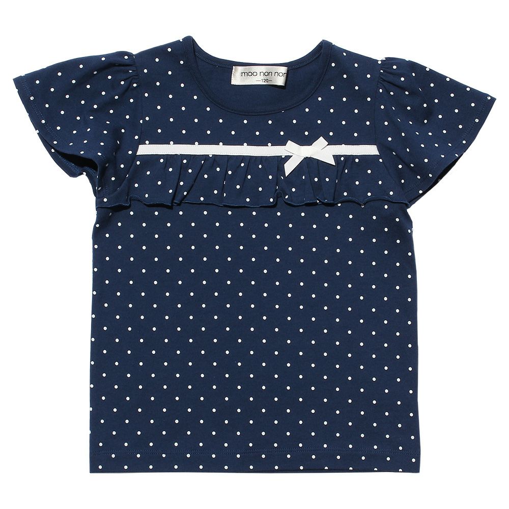 Children's clothing girl 100 % polka dot pattern frill & ribbon T -shirt navy (06) front