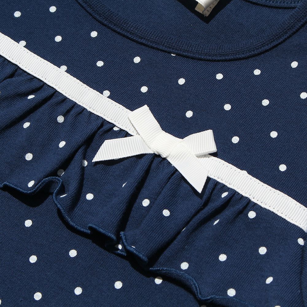 Children's clothing girl 100 % polka dot pattern frill & ribbon T -shirt navy (06) Design point 1