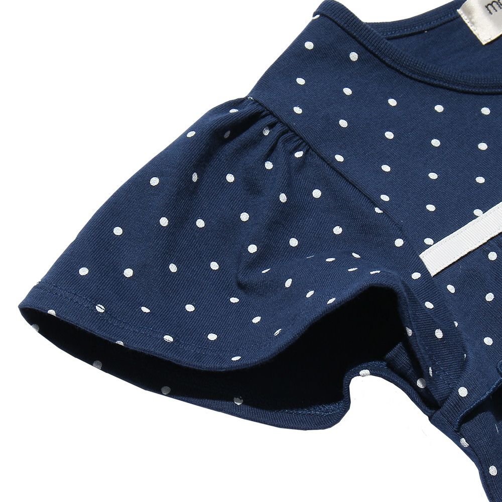 Children's clothing girl 100 % polka dot pattern frill & ribbon T -shirt navy (06) Design point 2