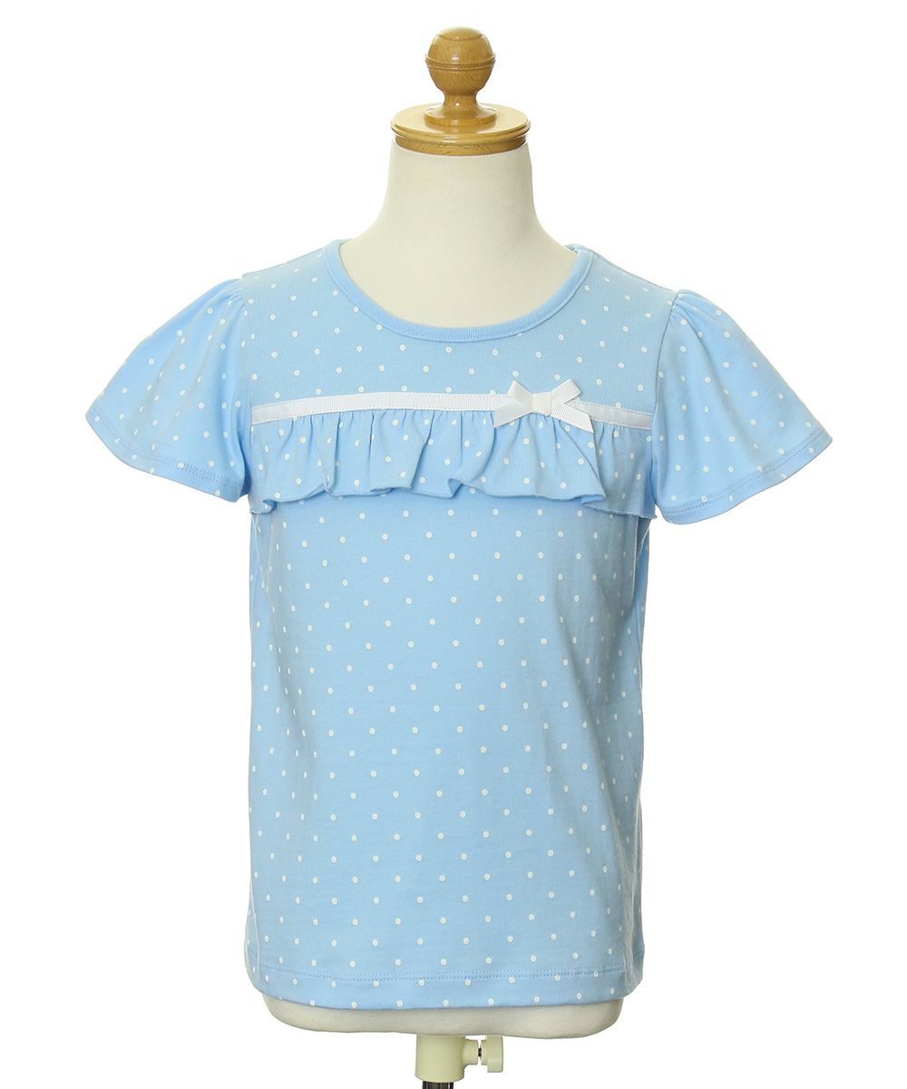 Children's clothing girl 100 % polka dot pattern frill & ribbon T -shirt blue (61) torso