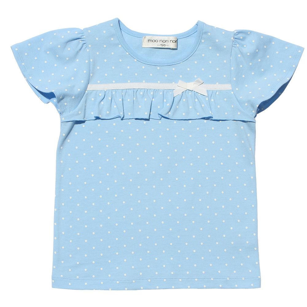 Children's clothing girl 100 % polka dot pattern frill & ribbon T -shirt blue (61) front