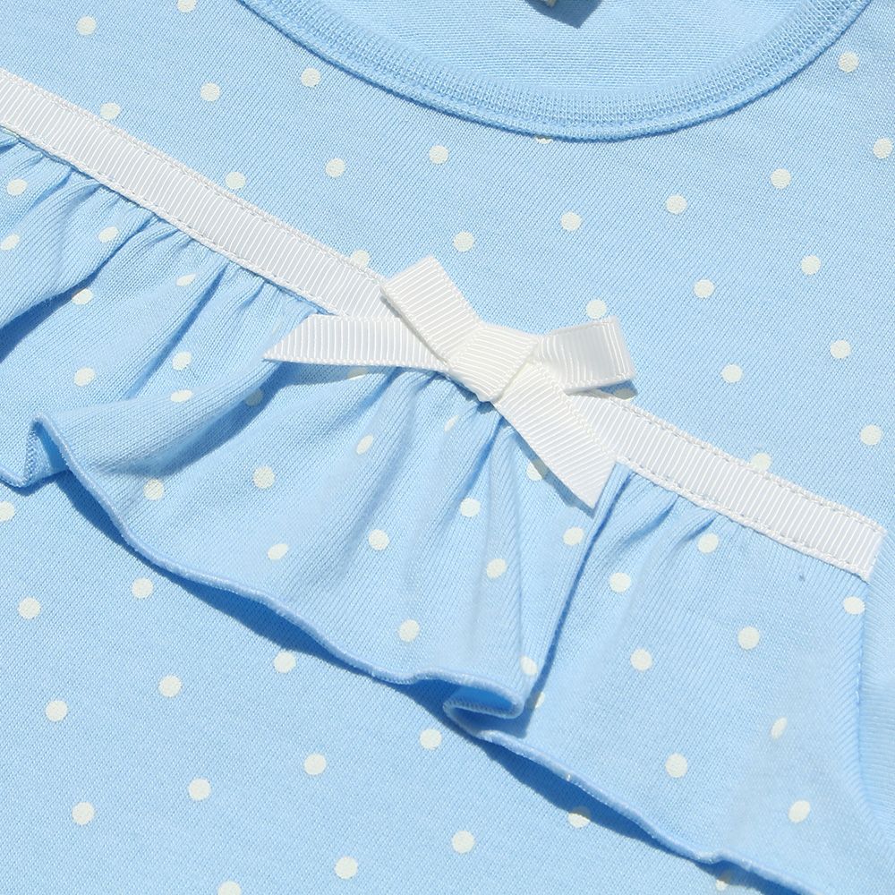 Children's clothing girl 100 % polka dot pattern frill & ribbon T -shirt blue (61) Design point 1